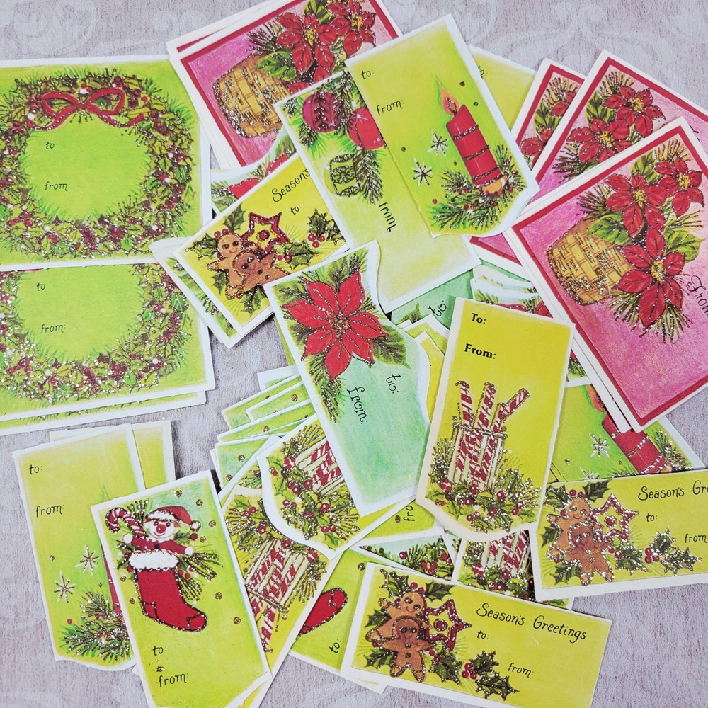 Vintage '80s glitter Christmas gift tags die cut sparkly lot of 53 tags